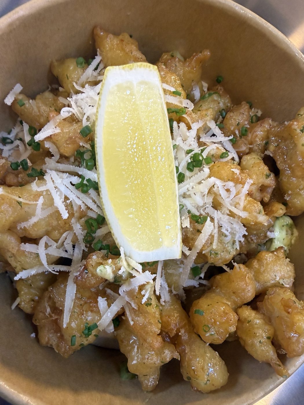 Garlic and Parmesan tempura prawns